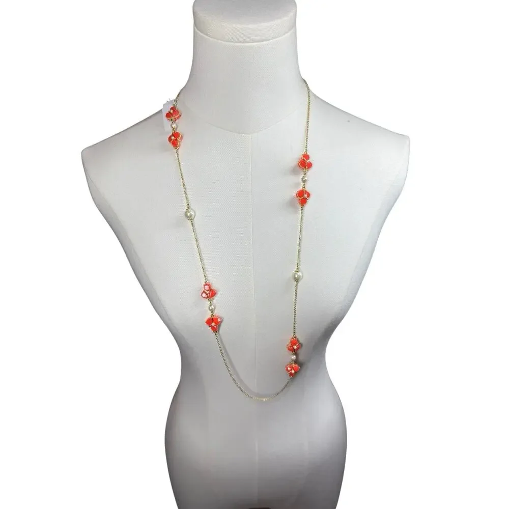 Kate Spade Long‎ Corpcore Necklace Enamel Flowers Pearl Gold Tone Retired Dainty